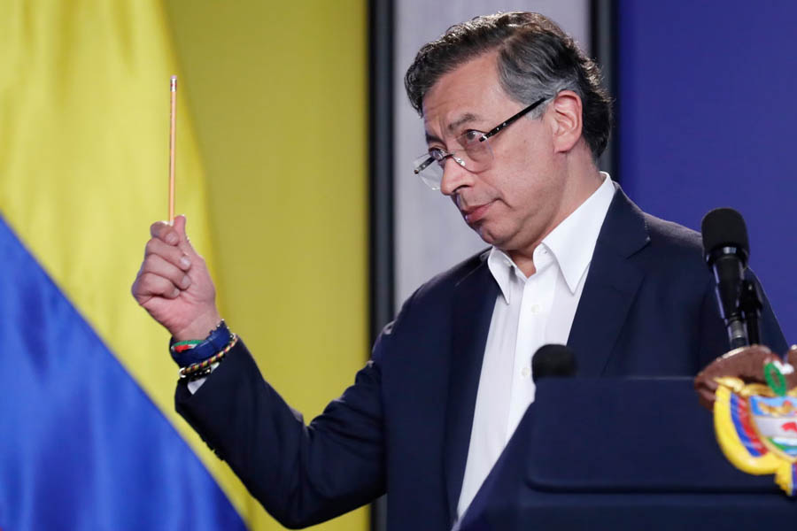 Gustavo Petro speaks at a press event in Bogotá after the U.S. imposed sanctions, rejecting accusations that his government allowed drug cartels to thrive.