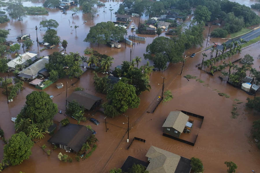 Floodwaters covering roads and homes in Waialua on the North Shore of Oahu, Hawaii, during severe flash flooding on Friday morning.