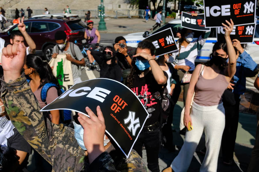 People protest federal immigration raids in New York on 10 June 2025.