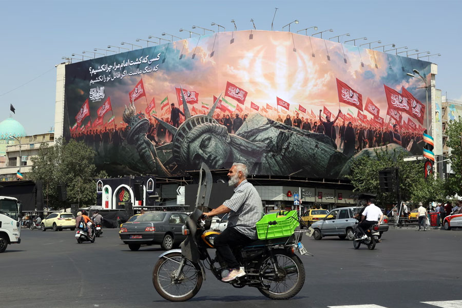 An anti-US billboard at Enghelab Square in central Tehran, Iran, reflecting hardline opposition to negotiations with the United States.