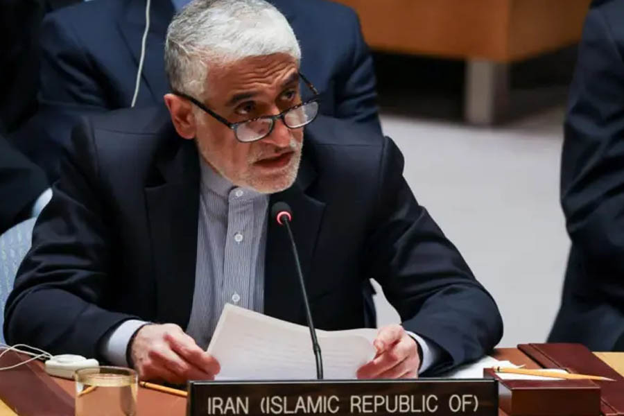 Iran’s ambassador to the UN Amir-Saeid Iravani speaking at an emergency UN Security Council meeting in New York, condemning US and Israel for alleged war crimes.