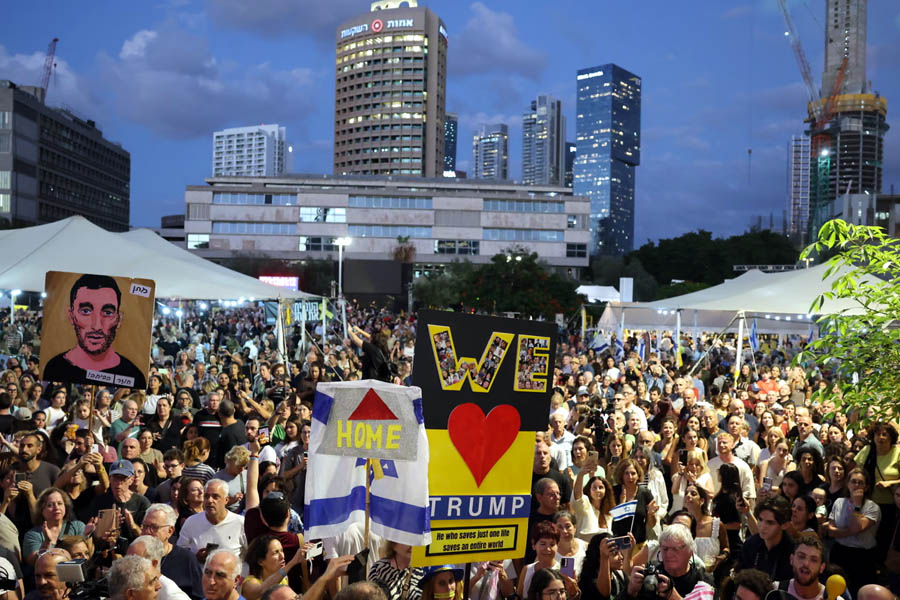 Crowds celebrate at Hostages Square in Tel Aviv, Israel, following the announcement of a peace deal on Thursday.