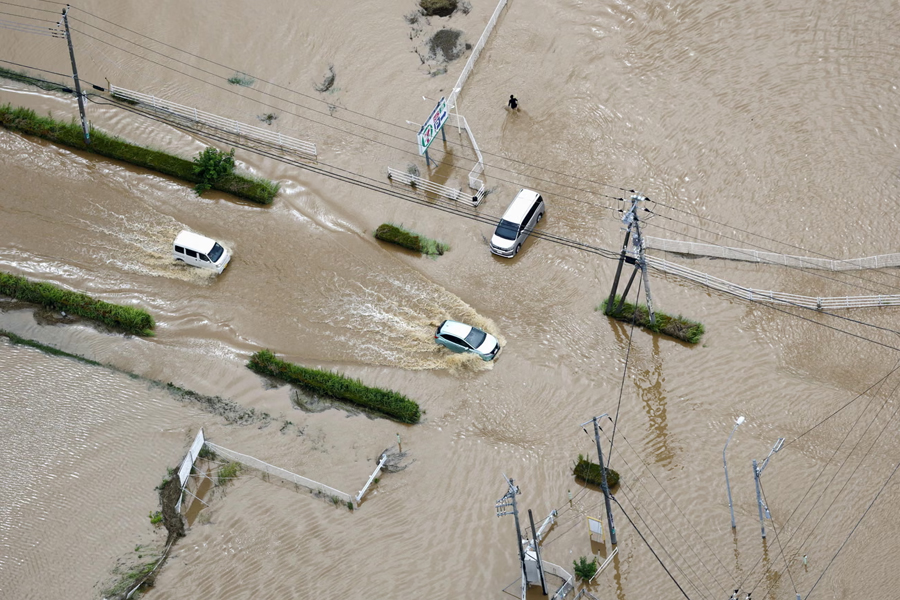 Aerial view of flooded areas after heavy rain in Chiba, Japan