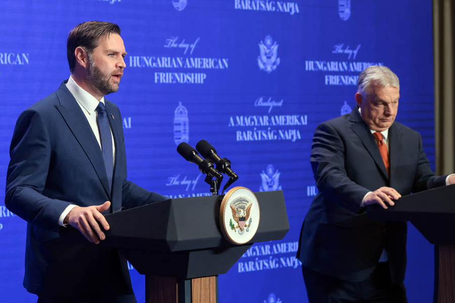 JD Vance and Viktor Orbán standing together in Budapest during the US vice-president's visit to support Orbán's re-election campaign.