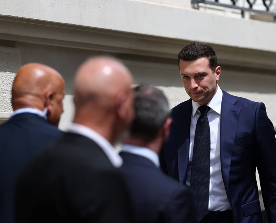 Jordan Bardella, president of the French far-right National Rally arrives at the party HQ before the verdict in the appeal trial of French far-right leader Marine Le Pen.