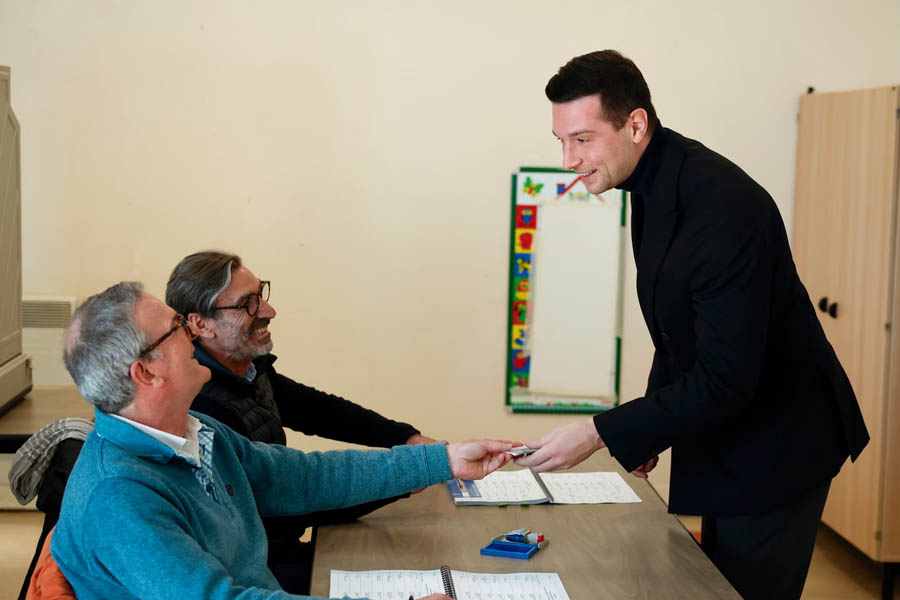Jordan Bardella voting during the first round of the French municipal elections in Garches, France.