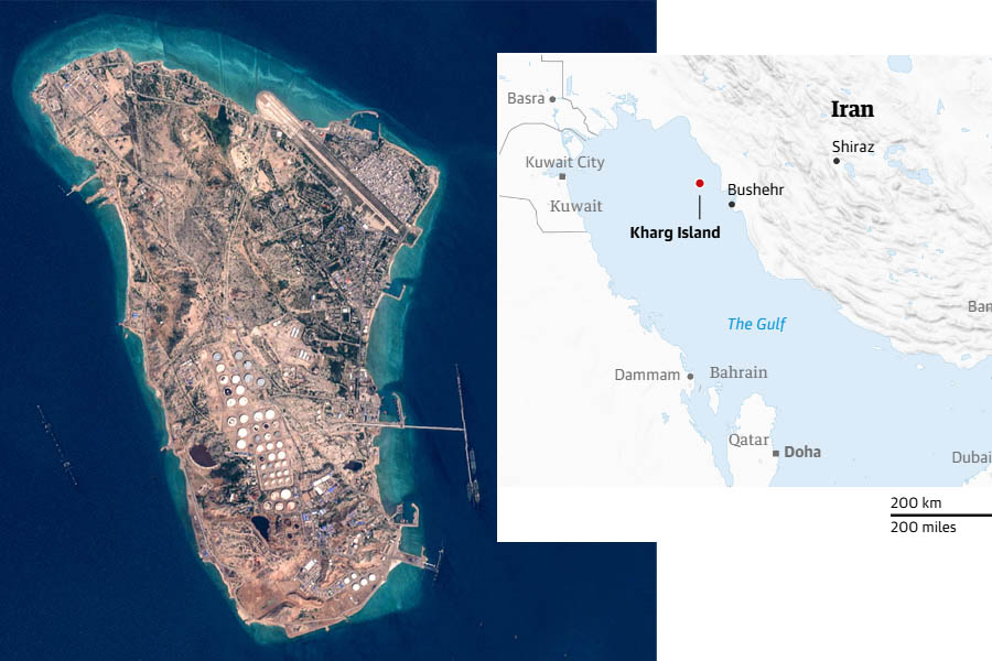 Satellite image of Kharg Island, Iran's main oil export terminal in the Persian Gulf, highlighting its strategic role in global energy markets.