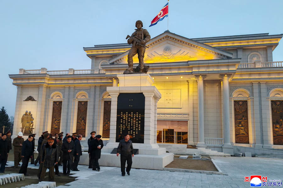 North Korean leader Kim Jong-un inspects the Memorial Museum of Combat Feats at the Overseas Military Operations, under construction in Pyongyang, set to commemorate North Korean soldiers sent to support Russia's war in Ukraine.