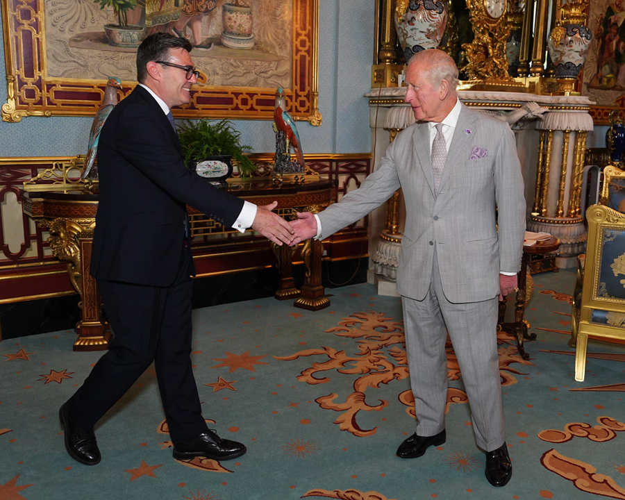King Charles welcomes Andy Burnham during an audience at Buckingham Palace where he invited the Labour leader to form a new government.