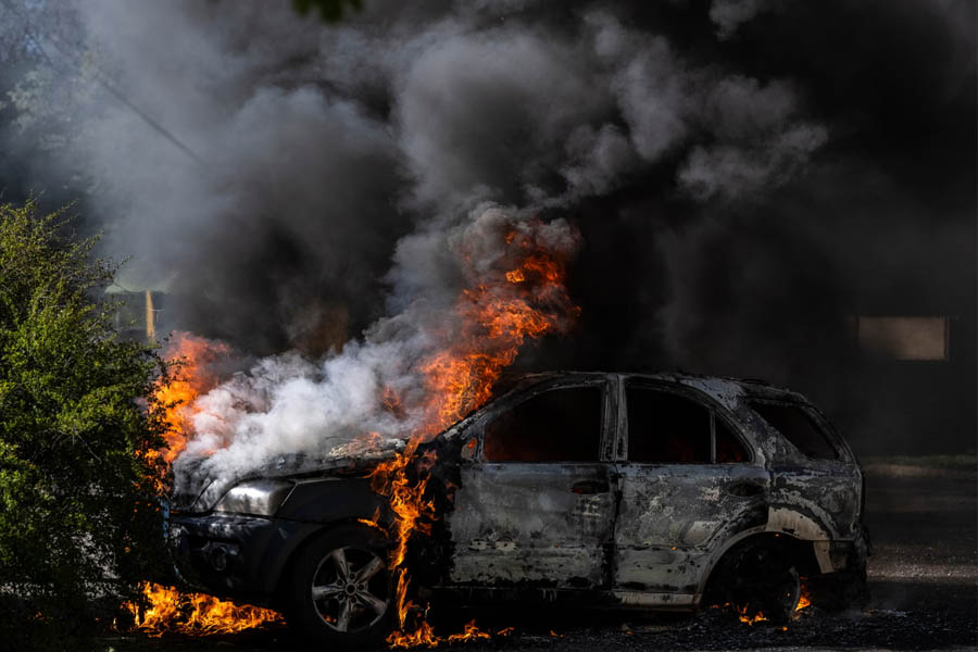 A parked civilian car burning after a Russian fiber-optic FPV drone struck the residential area of Kramatorsk in the Donetsk region.