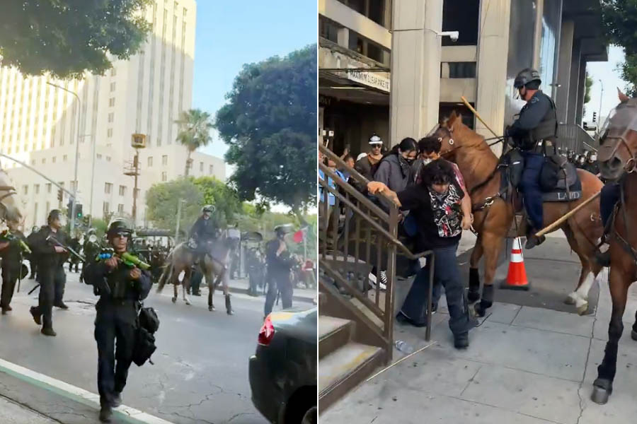 The 8pm curfew has come into effect in downtown Los Angeles, where police have been charging at protesters on horseback and firing munitions