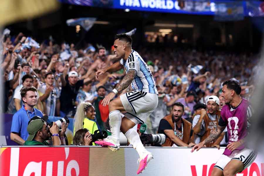 Martinez celebrates his goal for Argentina against Switzerland