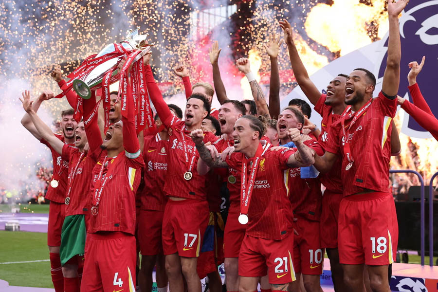 Liverpool players celebrating their Premier League title victory as financial data highlights a 61% wages-to-revenue ratio in the 2024-25 season.