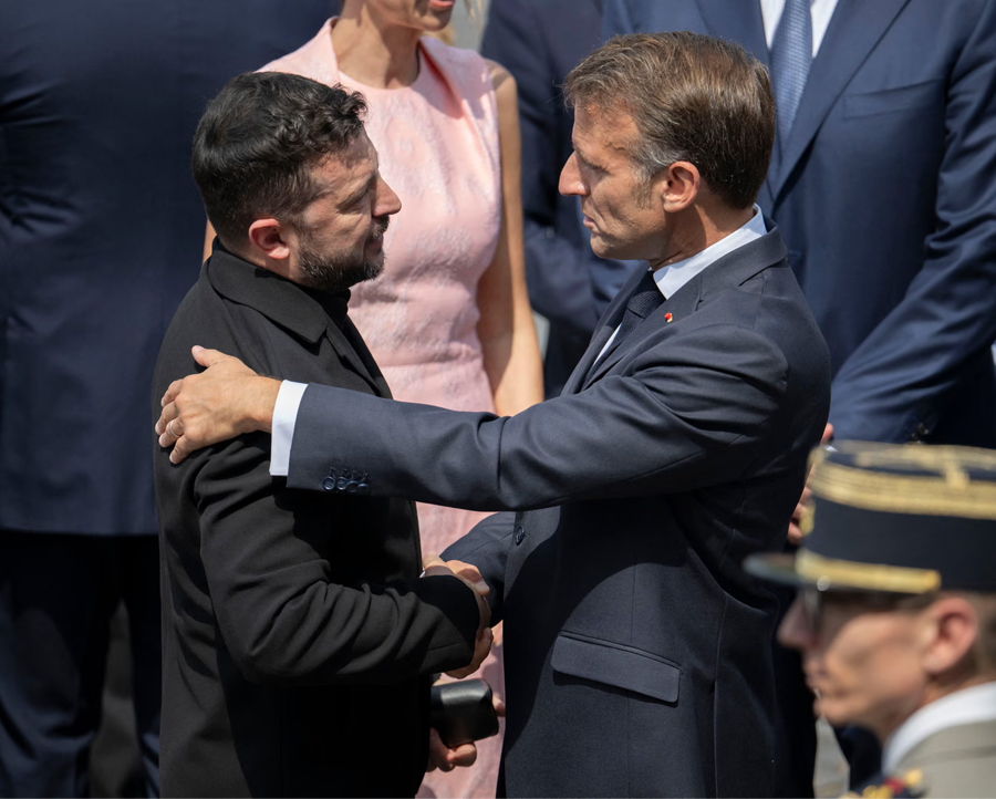 Volodymyr Zelenskyy and French President Emmanuel Macron at the Bastille Day military parade in Paris last month. The two leaders discussed on Saturday the delivery of more defence equipment to Ukraine.