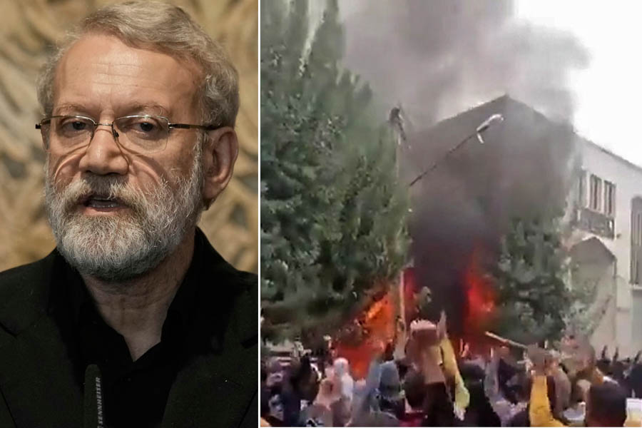 Fire burning at the governor’s office in Mahabad, Iran, during nationwide protests, as Iranian official Ali Larijani blames Donald Trump for escalating tensions.