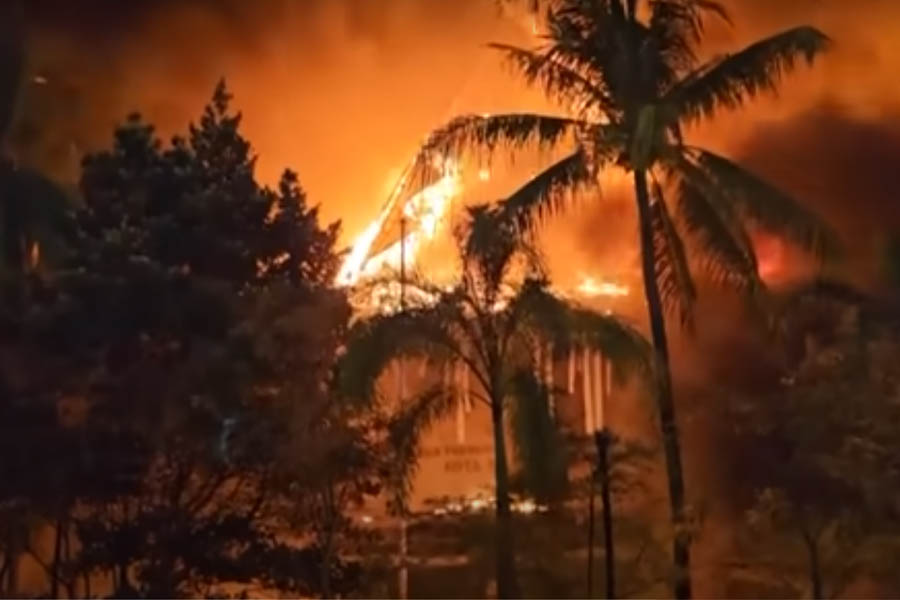 Fire burns a council building in Makassar, Indonesia, after protesters stormed it during deadly demonstrations in 2025