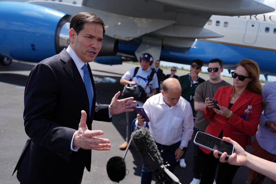 Marco Rubio speaks to the press before travelling to the NATO foreign ministers meeting in Sweden.