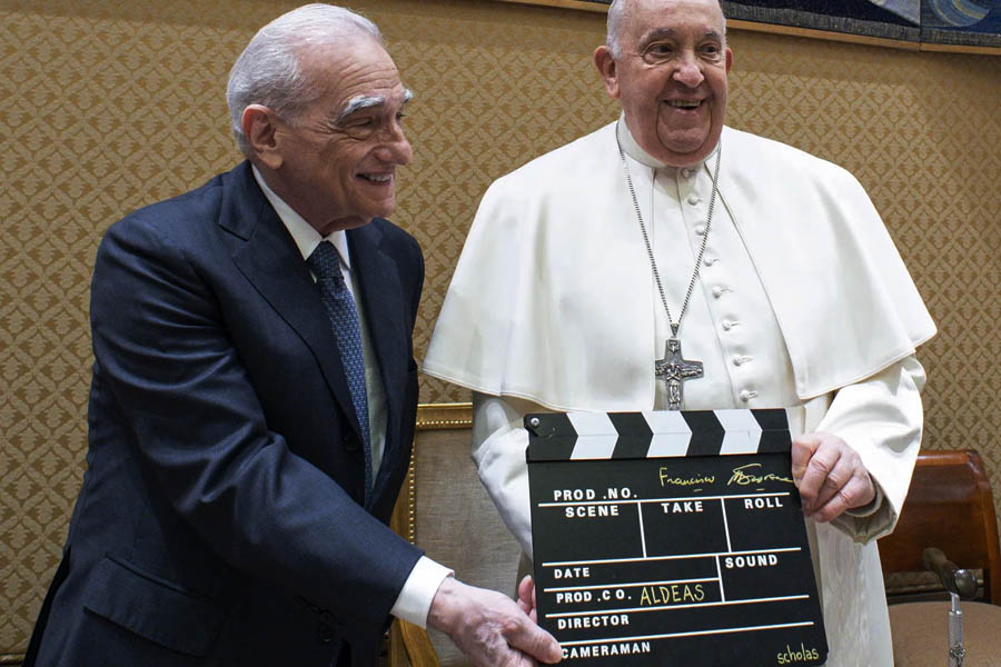 Martin Scorsese meets Pope Francis on the set of Aldeas, The Final Dream of Pope Francis during filming on 31 January 2024.