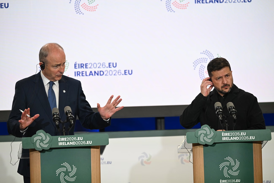 Irish taoiseach Michael Martin and Ukrainian president Volodymyr Zelenskyy hold a press conference following the launch event for Ireland's Presidency of the Council of the European Union in Dublin Castle in Dublin, Ireland.