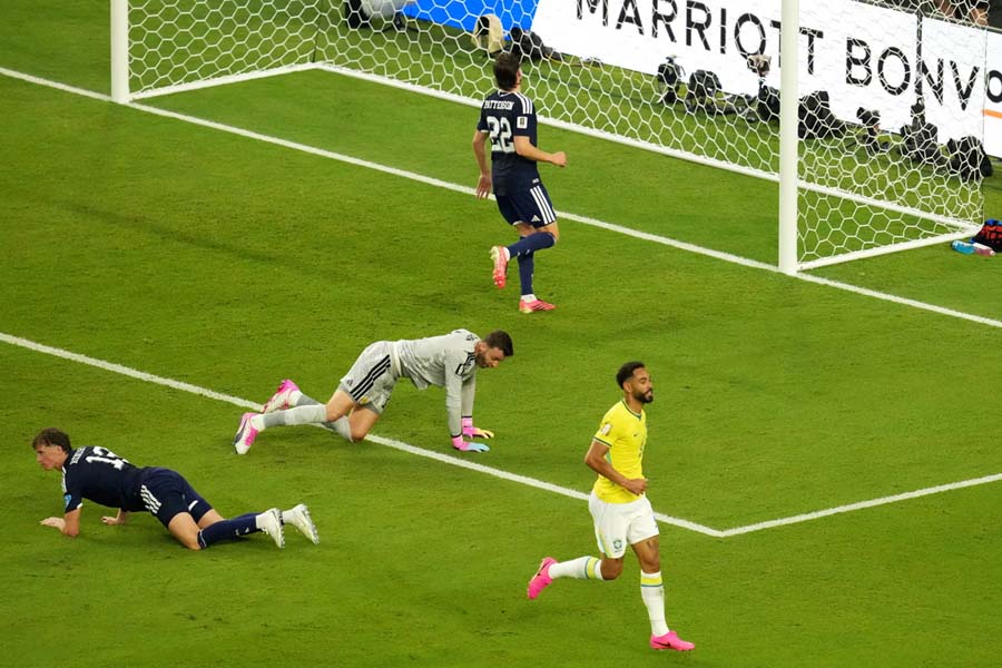 Brazil's Matheus Cunha after scoring Brazil's third goal against Scotland