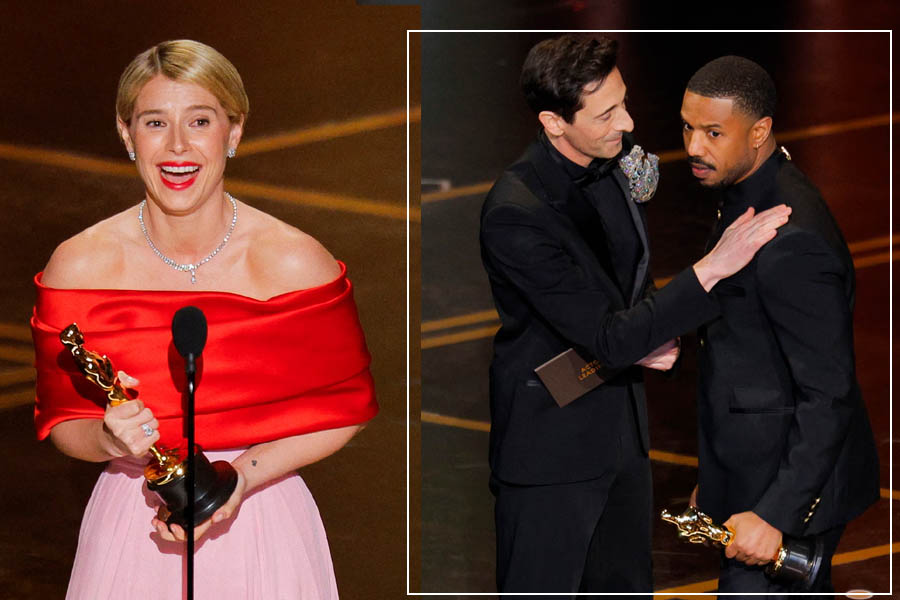 Michael B. Jordan accepting the Best Actor Oscar for Sinners from Adrien Brody and Jessie Buckley holding the Best Actress Oscar for Hamnet at the 2026 Academy Awards.