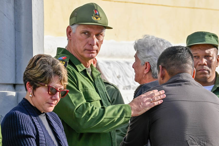 Cuban President Miguel Diaz-Canel, accompanied by First Lady Lis Cuesta Peraza, greets families of Cuban officers killed during a United States operation in Venezuela in January 2026.