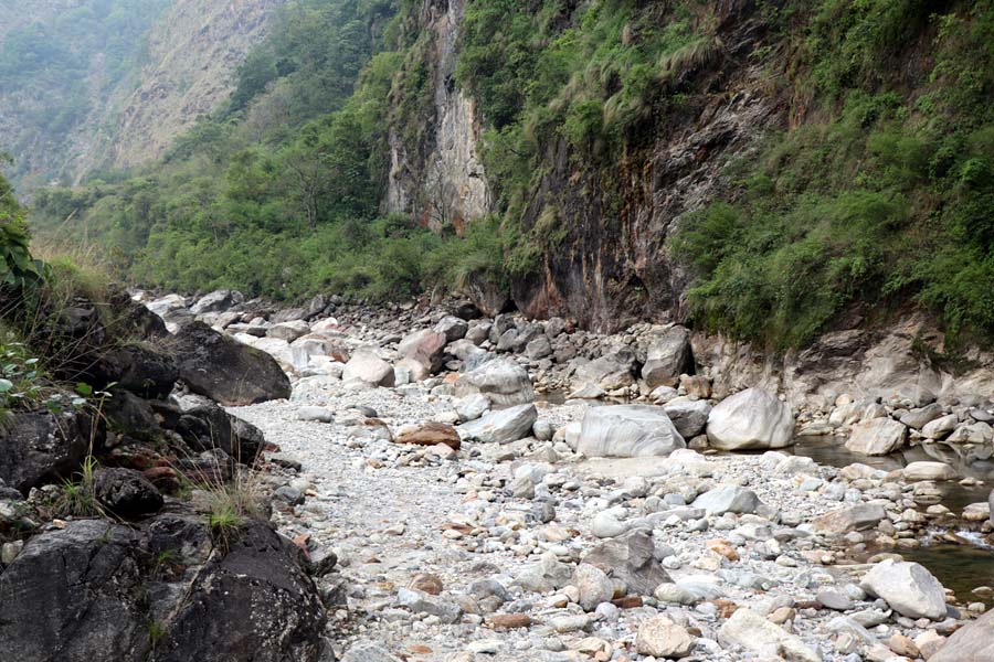 Mistrikhola River in Narchyang, Myagdi, where reduced water flow from hydropower diversion has affected fish populations and aquatic ecosystems.