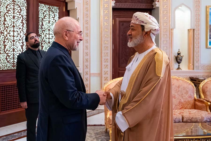 Iran's chief negotiator, Mohammad Bagher Ghalibaf (left), met Oman's Sultan Haitham bin Tarik in Muscat this week. Ghalibaf said he was working with Oman on a long-term agreement to manage the strait of Hormuz.