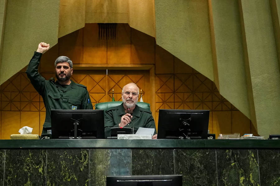 Mohammad Bagher Ghalibaf, Iranian politician, pictured projecting a strongman image