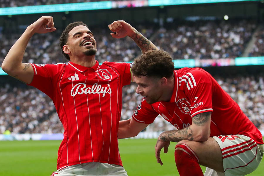 Morgan Gibbs-White and Neco Williams celebrating Nottingham Forest’s second goal against Tottenham Hotspur.