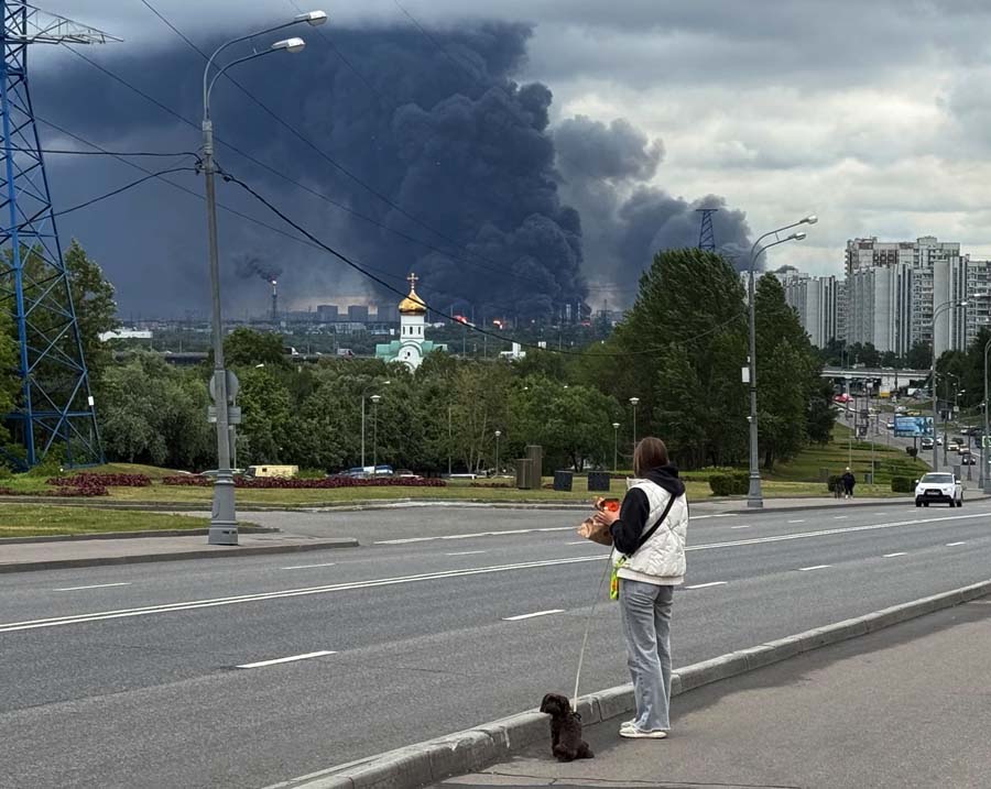 Black smoke rises from the area of the Russian oil producer Gazprom Neft's Moscow oil refinery on the south-eastern outskirts of Moscow