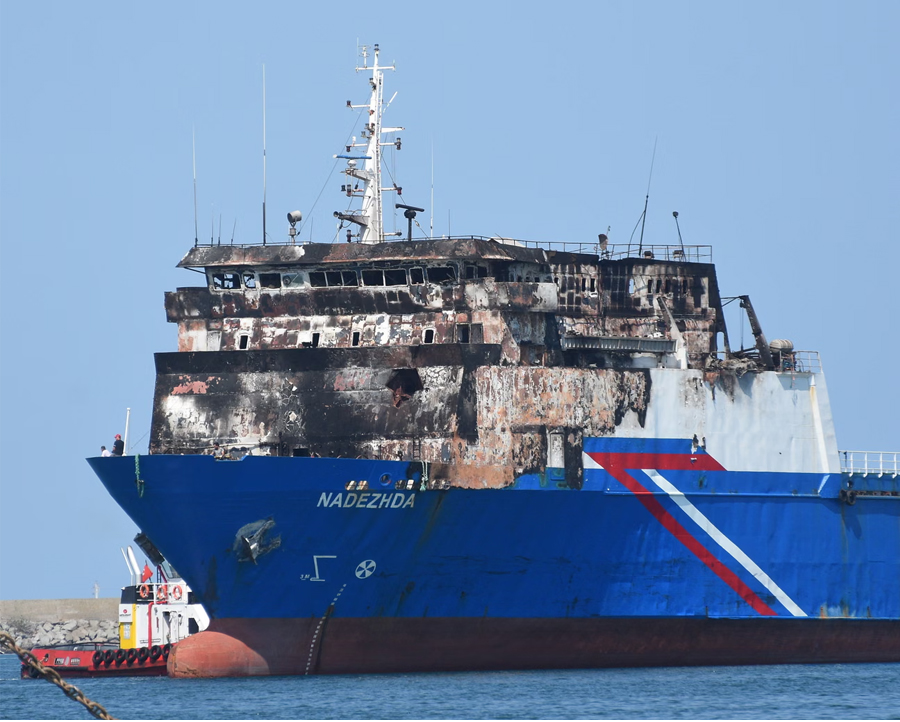 The 'Nadezhda,' attacked by a drone in the Black Sea, is brought into Samsun, a large industrial and commercial seaport on Turkey's northern coast on 8 August.