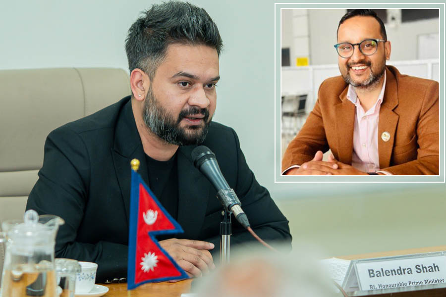 Prime Minister Balen Shah with political adviser Asim Shah during discussions on governance reform and ordinance implementation in Kathmandu.