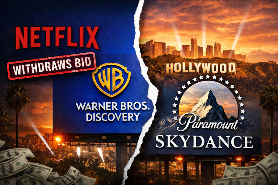 Logos of Netflix, Warner Bros Discovery, and Paramount Skydance displayed against a Hollywood backdrop, illustrating the high-stakes media merger battle in 2025.
