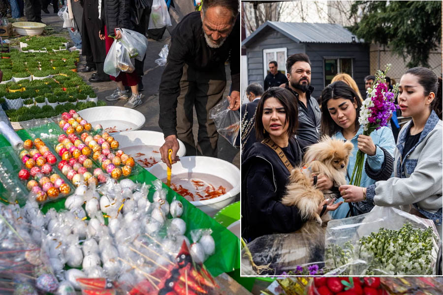 Shoppers buying goldfish and flowers at a Tehran market before Nowruz celebrations in Iran.