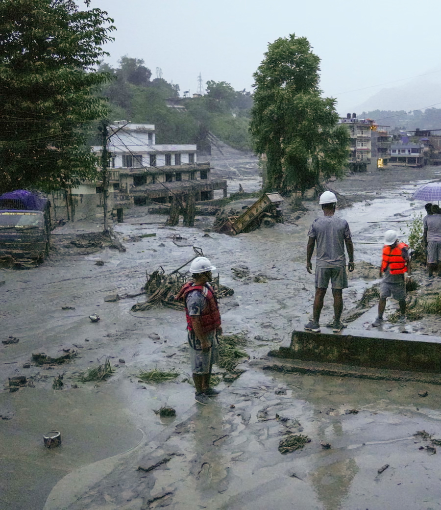 A road covered by flood waters in Nuwakot, Nepal, amid the unfolding disaster on Wednesday.