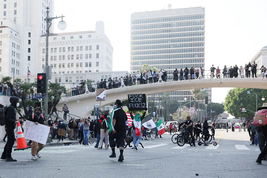 Over the past hour LAPD officers have been attempting to push back protesters from outside the federal building in downtown Los Angeles.