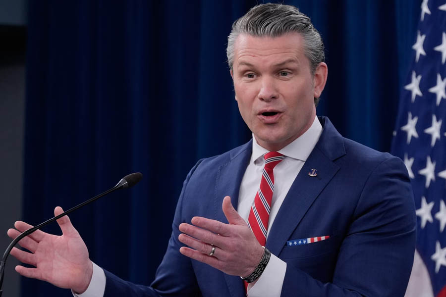 Pete Hegseth speaks to members of the media during a press briefing at the Pentagon, 5 May 2026.