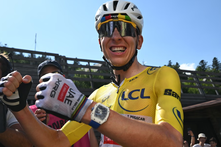 Tadej Pogacar expresses his joy after a fine Bastille Day display. The Slovenian won his third stage of this year's Tour and extended his overall lead.