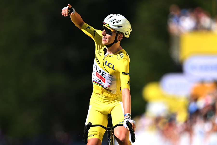 Tadej Pogacar reacts to his 24th career stage win at the Tour de France