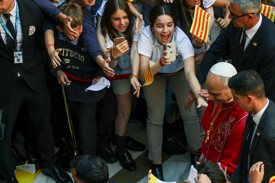 Pope Leo XIV arriving at the Abbey of Our Lady of Montserrat on Wednesday. The pontiff's visit to Barcelona included blessing the Sagrada Família on the centenary of Antoni Gaudí's death.
