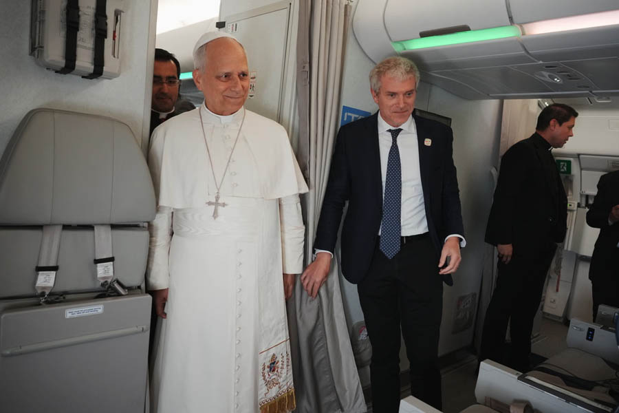Pope Leo XIV on papal flight from Africa to Rome