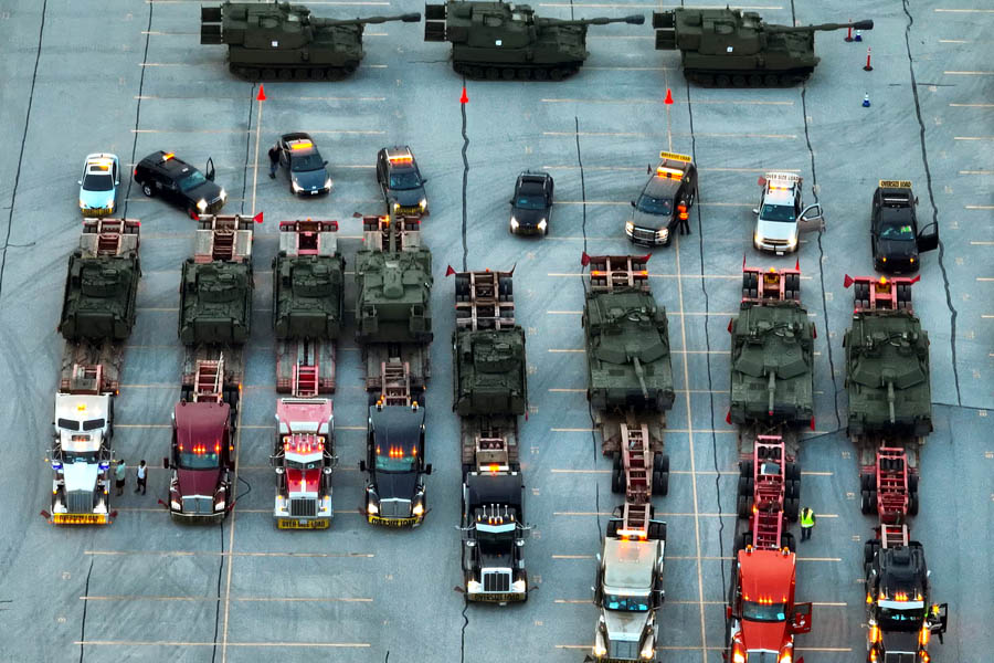 An aerial view of US army vehicles that will be transported to the national capital area ahead of Saturday’s US army 250th anniversary parade.