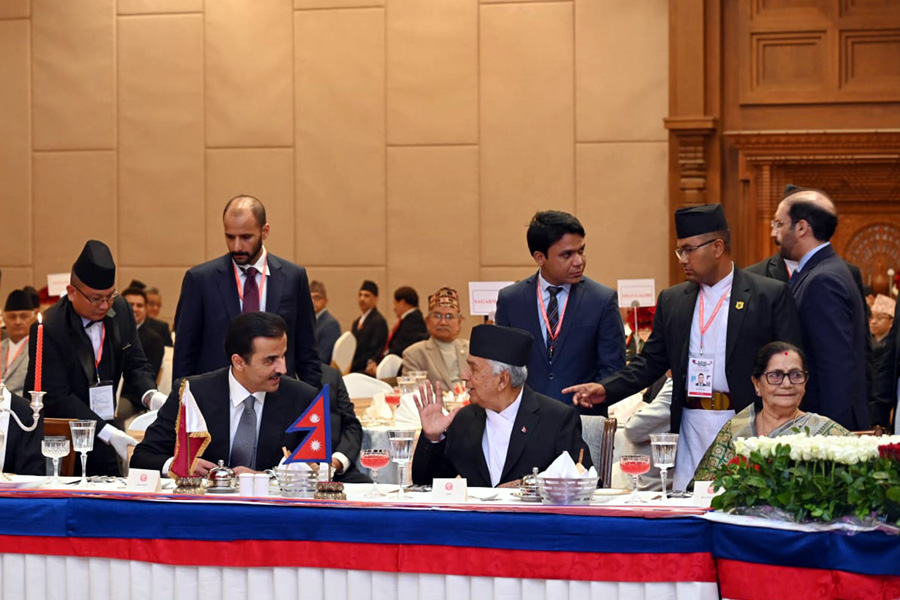 President Poudel and Amir of Qatar Sheikh Tamim bin Hamad Al Thani at bilateral meeting