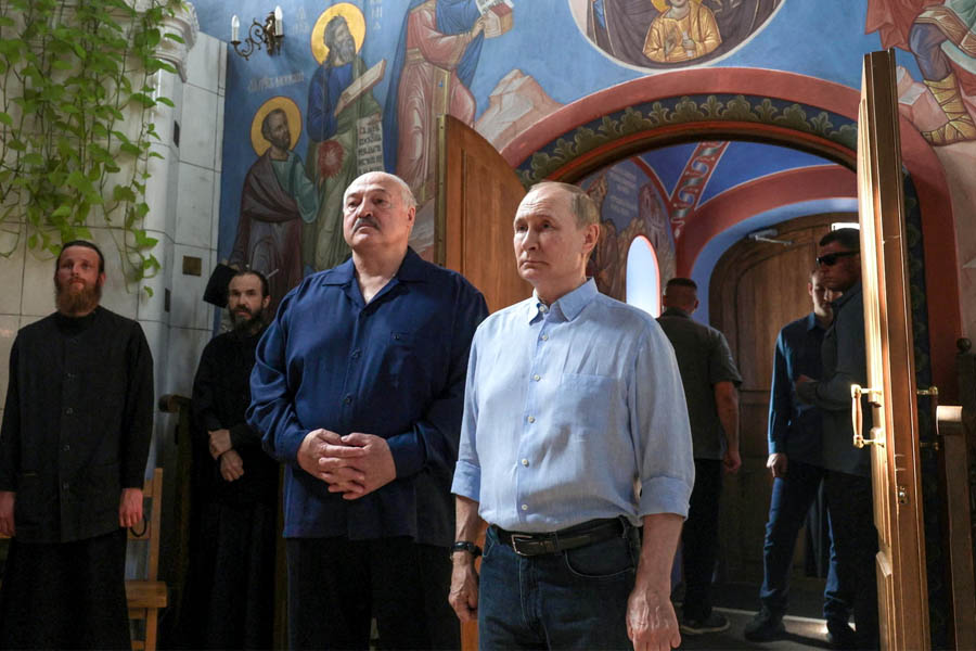 Russian President Vladimir Putin and Belarusian leader Alexander Lukashenko at Valaam Monastery in Karelia amid renewed calls for 