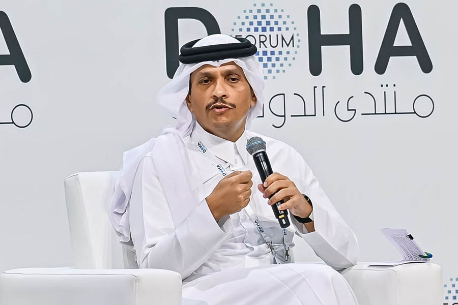 Qatari premier Sheikh Mohammed bin Abdulrahman Al Thani speaking at the Doha Forum, emphasizing that the Gaza peace plan is at a critical stage.
