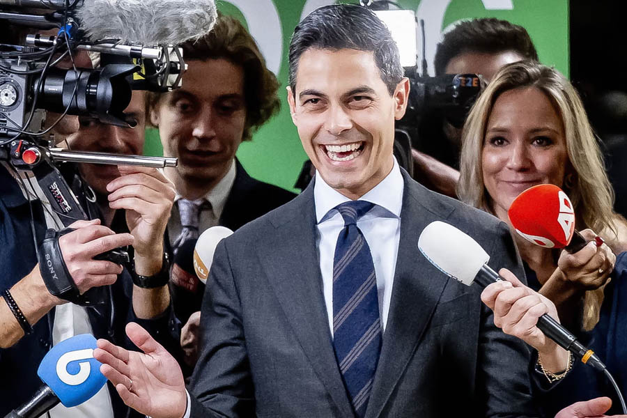 Rob Jetten, 38-year-old leader of the D66 party, smiling after election results position him to become the youngest prime minister of the Netherlands.
