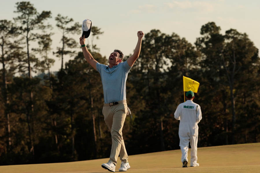 Rory McIlroy celebrates securing back-to-back Masters victories at Augusta National.
