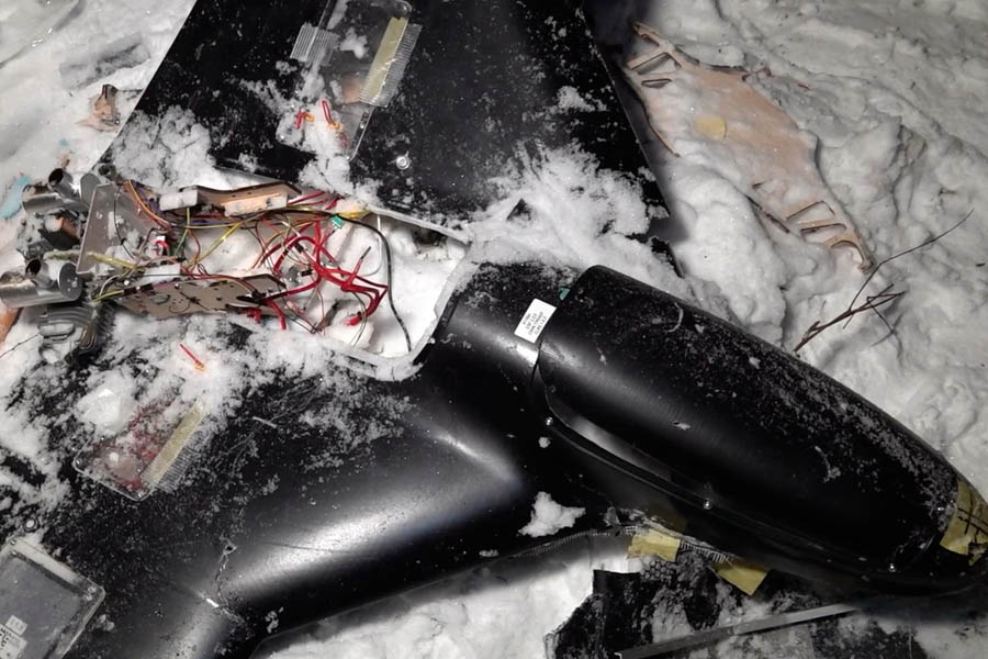 Russian military displays debris of a drone it claims was a crashed Ukrainian UAV targeting a residence associated with Vladimir Putin