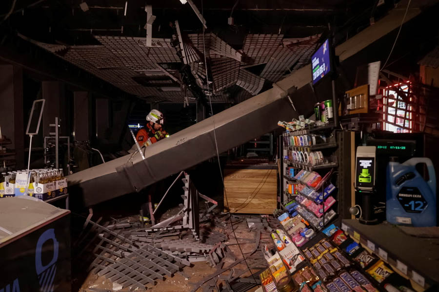 Destroyed buildings and debris in Ukraine’s Kharkiv region following a Russian air attack that caused severe damage to energy and civilian infrastructure.